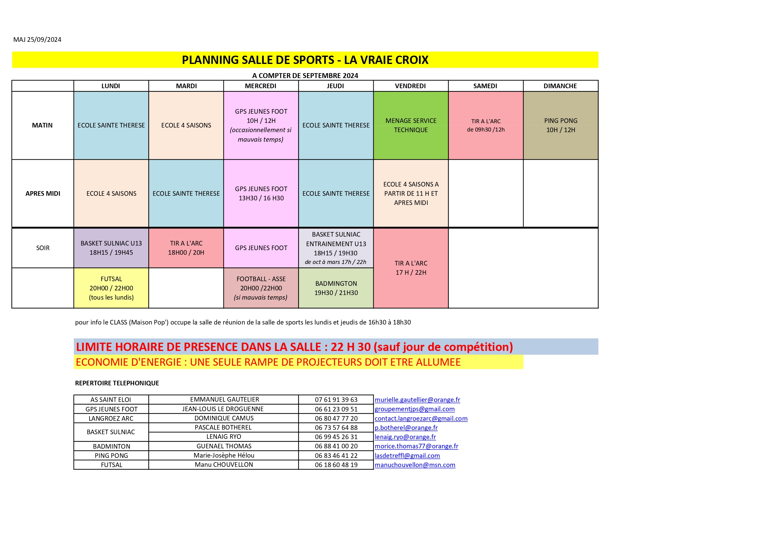 PLANNING SALLE DE SPORTS 2024 2025