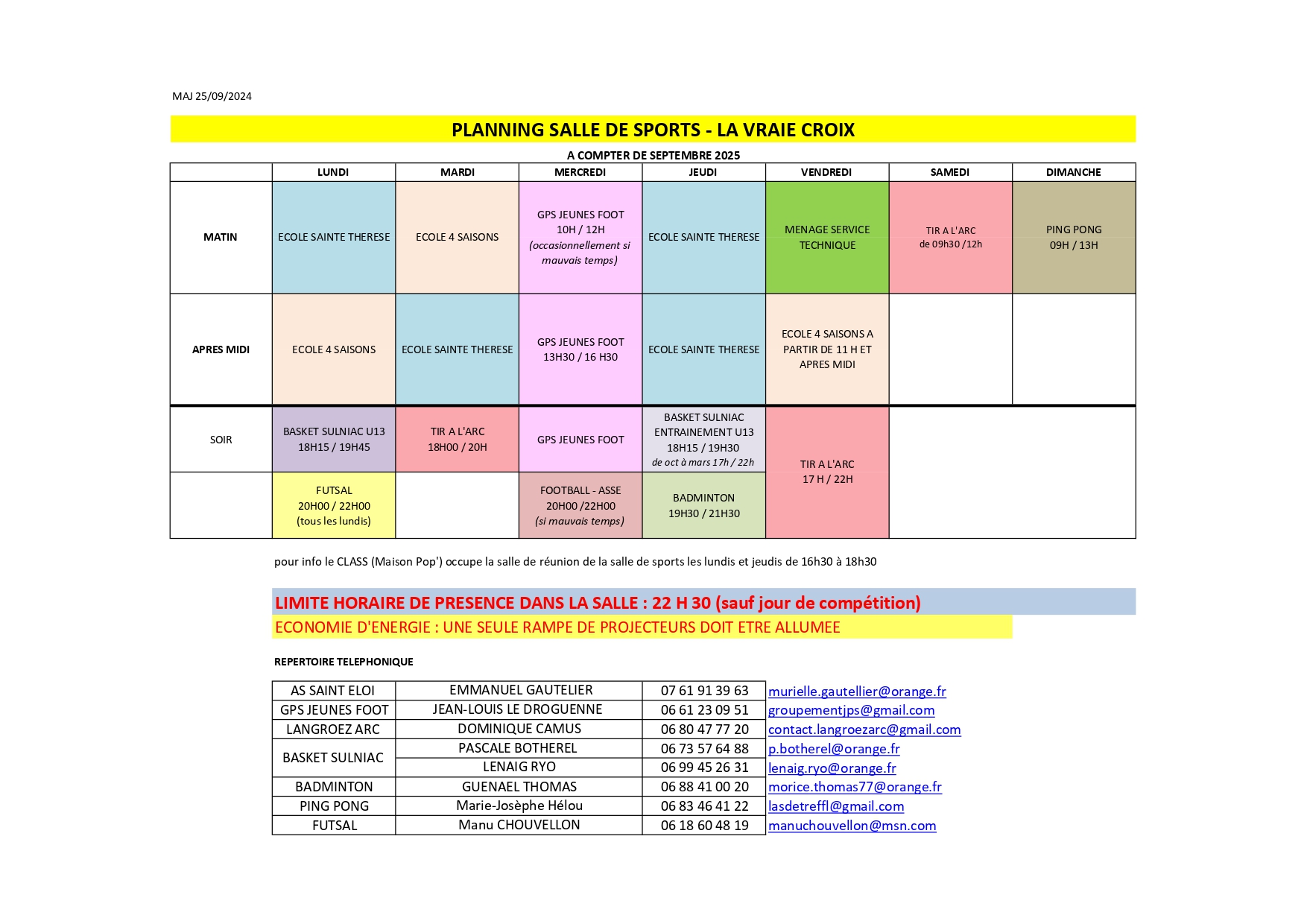PLANNING SALLE DE SPORTS 2026